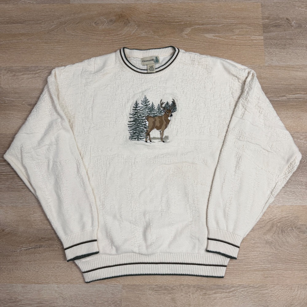Fieldmaster Vintage Mens Large Deer Embroidered Textured Knit Sweater Cream L